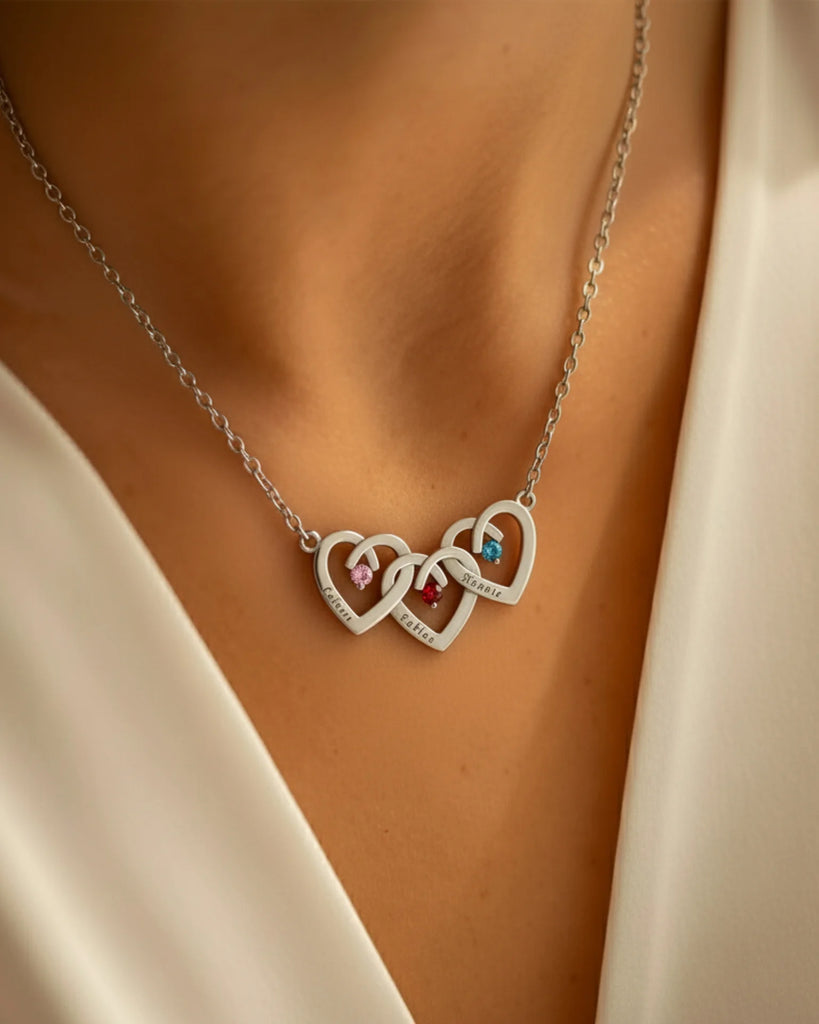 Personalised Interlocking Three Heart Birthstone Necklace