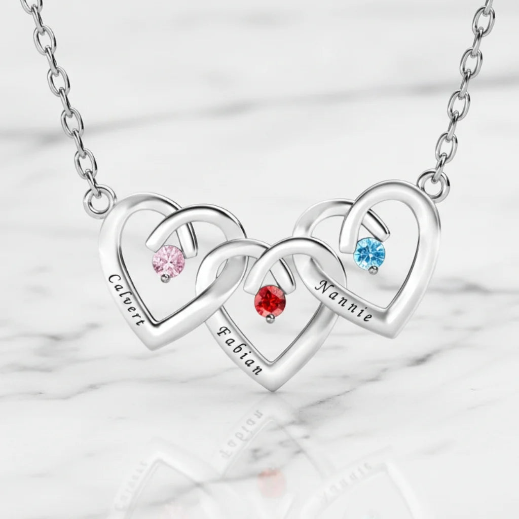 Personalised Interlocking Three Heart Birthstone Necklace – Custom Engraved 925 Sterling Silver Gift for Mum