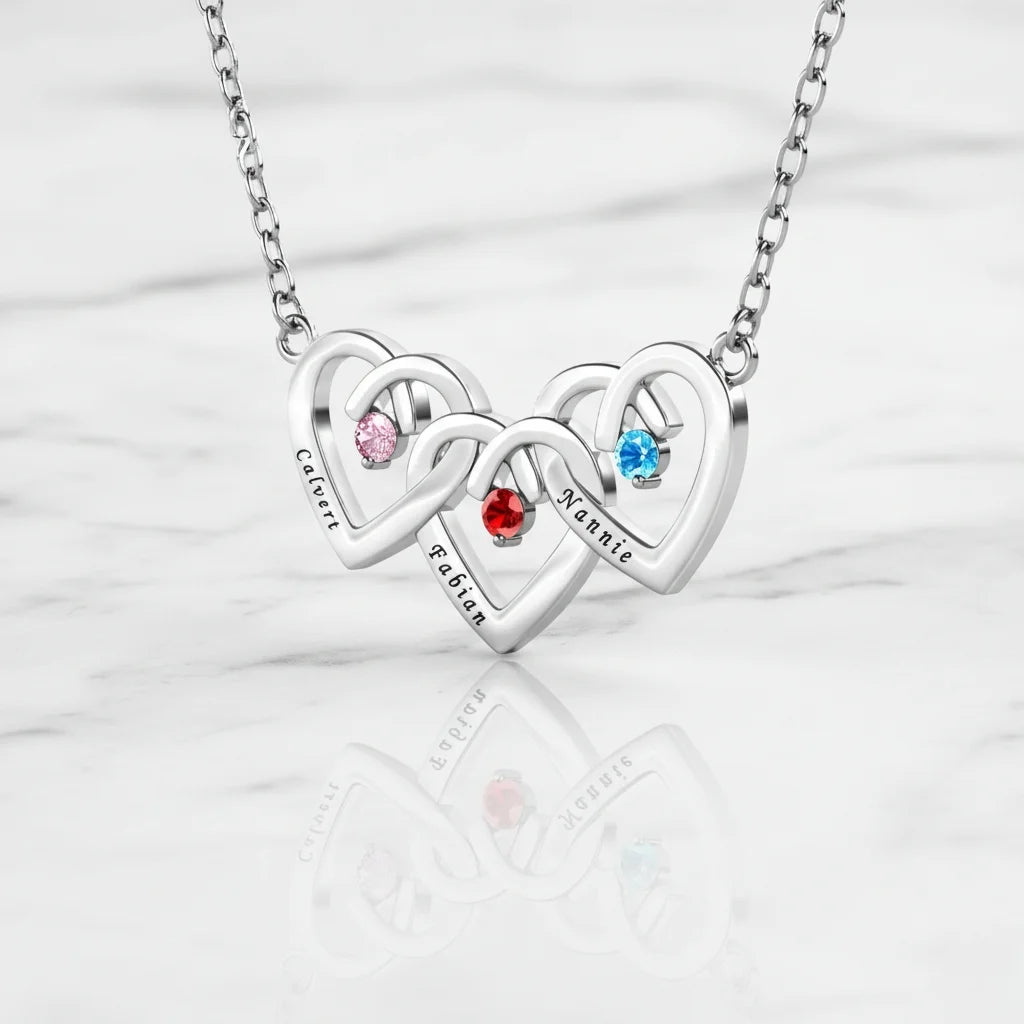 Personalised Interlocking Three Heart Birthstone Necklace – Custom Engraved 925 Sterling Silver Gift for Mum