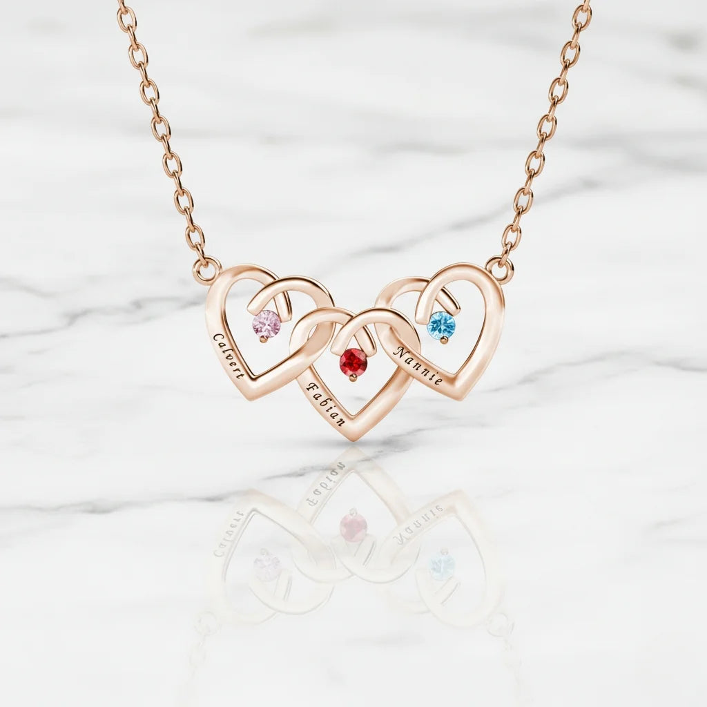 Personalised Interlocking Three Heart Birthstone Necklace – Custom Engraved 925 Sterling Silver Gift for Mum