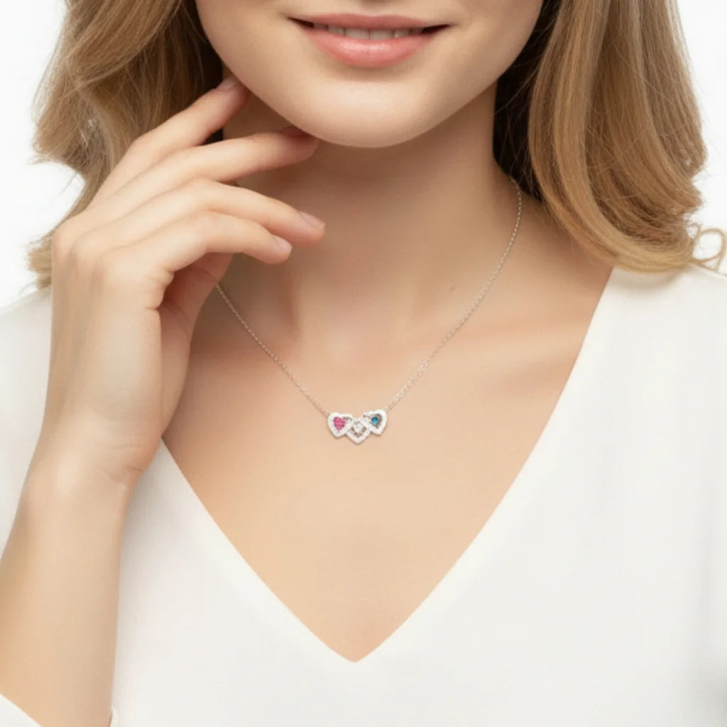 Personalised Interlocking Three Heart Birthstone Necklace – Custom Engraved 925 Sterling Silver Gift for Mum