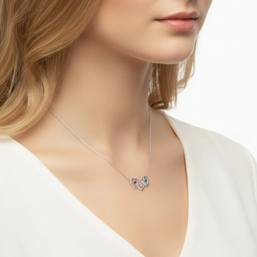 Personalised Interlocking Three Heart Birthstone Necklace – Custom Engraved 925 Sterling Silver Gift for Mum