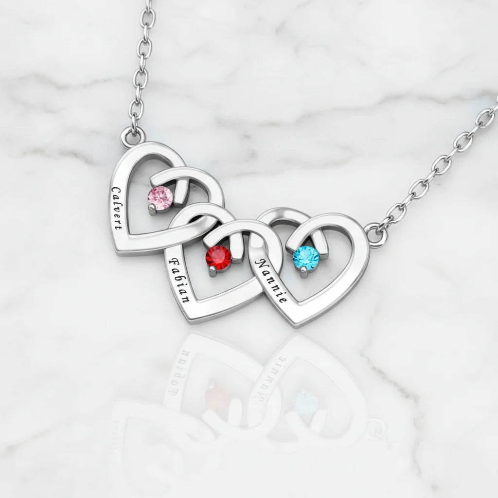 Personalised Interlocking Three Heart Birthstone Necklace – Custom Engraved 925 Sterling Silver Gift for Mum