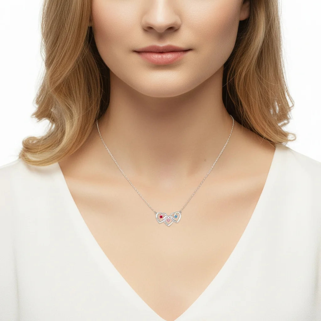 Personalised Interlocking Three Heart Birthstone Necklace – Custom Engraved 925 Sterling Silver Gift for Mum