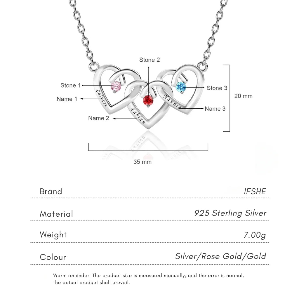 Personalised Interlocking Three Heart Birthstone Necklace – Custom Engraved 925 Sterling Silver Gift for Mum
