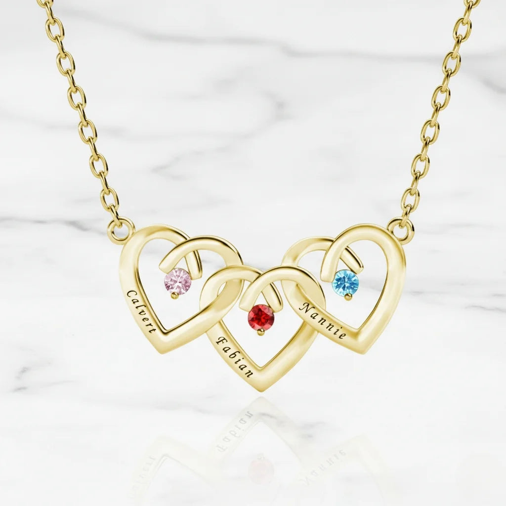 Personalised Interlocking Three Heart Birthstone Necklace – Custom Engraved 925 Sterling Silver Gift for Mum