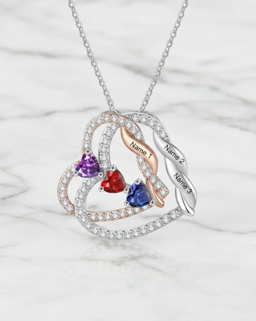 Personalised Intertwined Hearts Necklace with Birthstones & Engraved Names