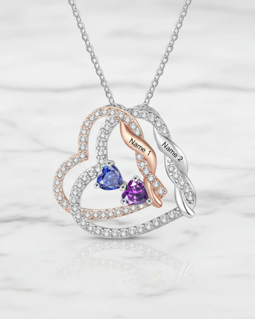 Personalised Intertwined Hearts Necklace with Birthstones & Engraved Names