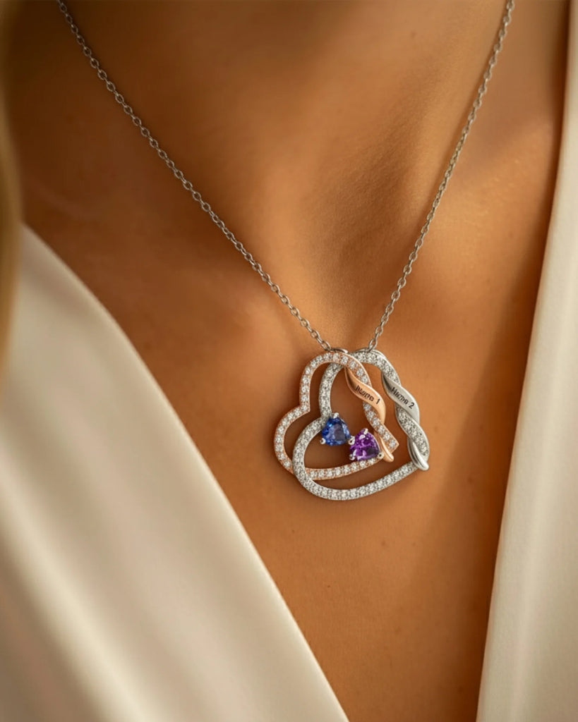 Personalised Intertwined Hearts Necklace with Birthstones & Engraved Names
