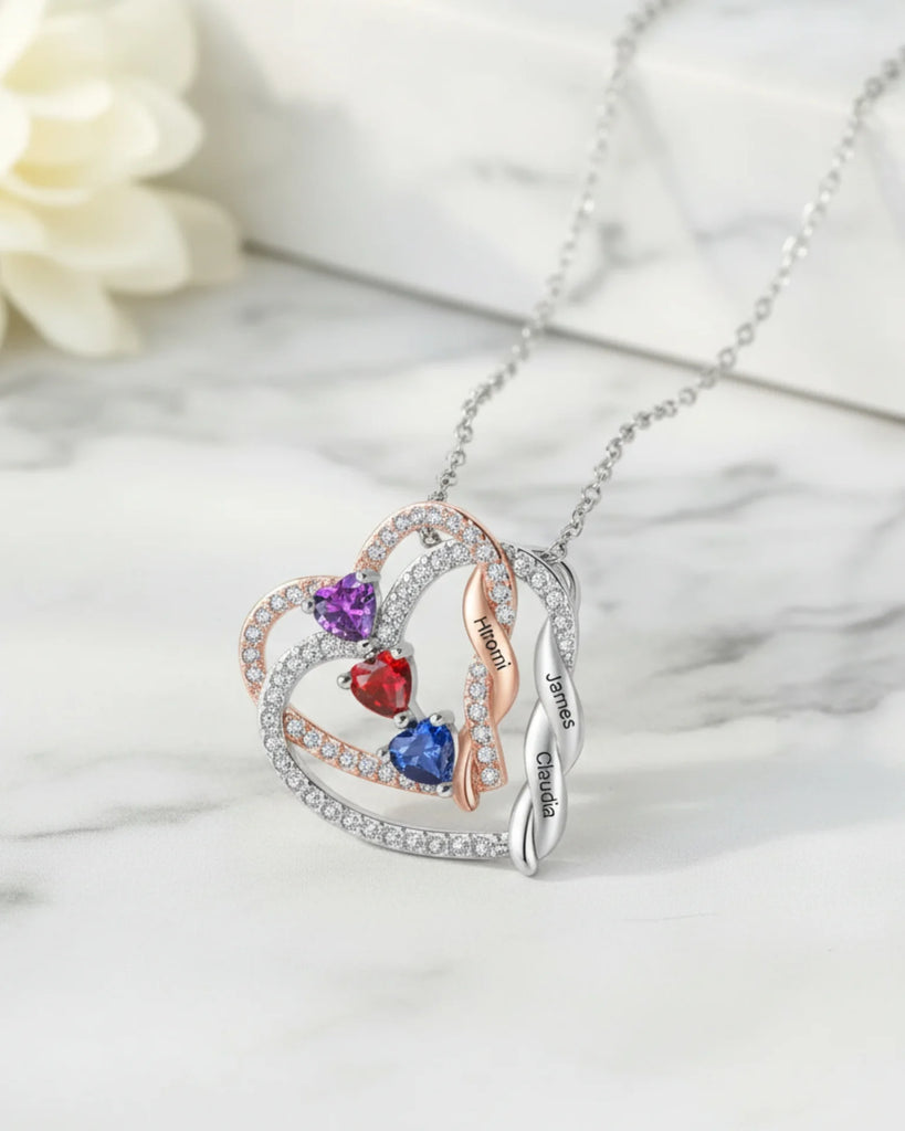 Personalised Intertwined Hearts Necklace with Birthstones & Engraved Names