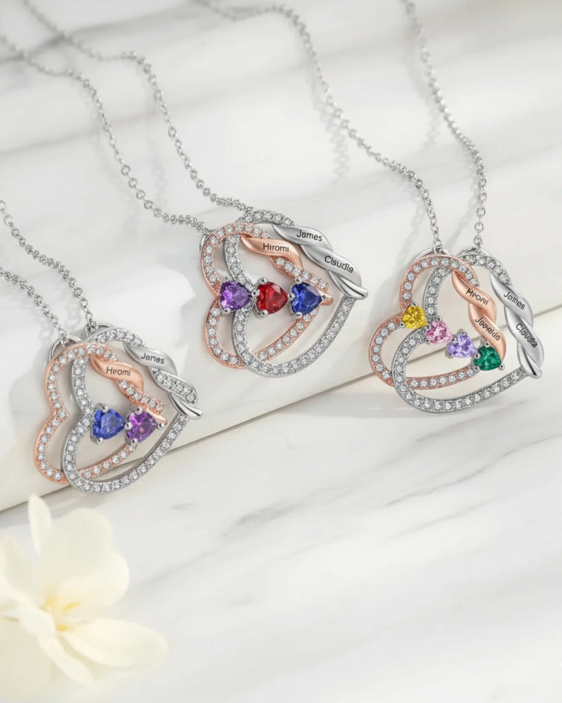 Personalised Intertwined Hearts Necklace with Birthstones & Engraved Names