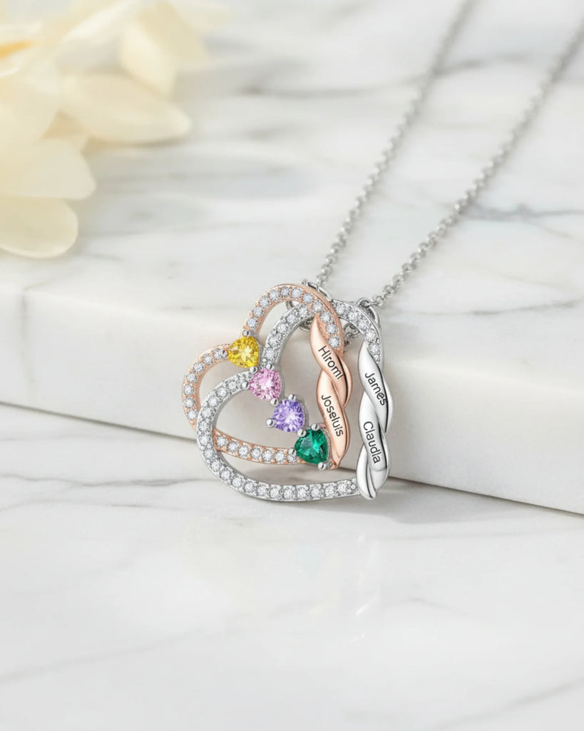 Personalised Intertwined Hearts Necklace with Birthstones & Engraved Names