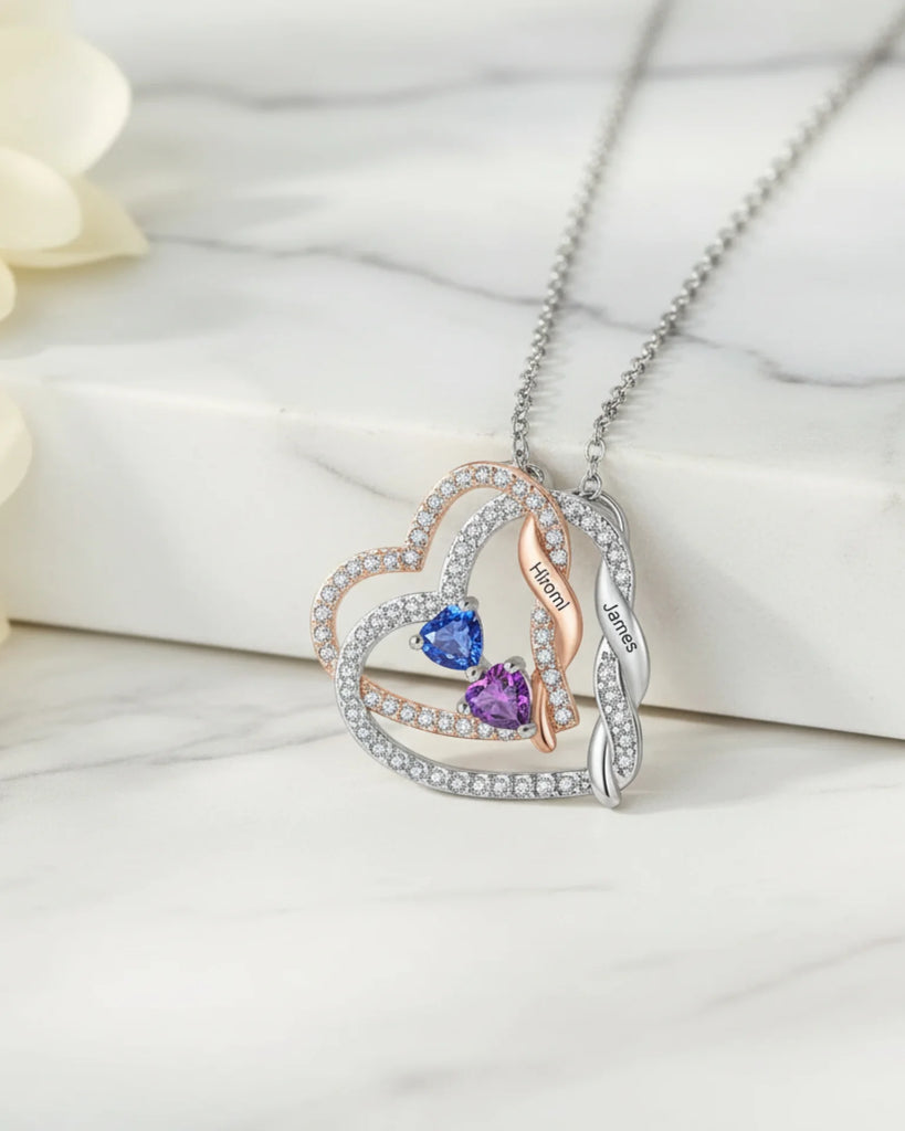 Personalised Intertwined Hearts Necklace with Birthstones & Engraved Names