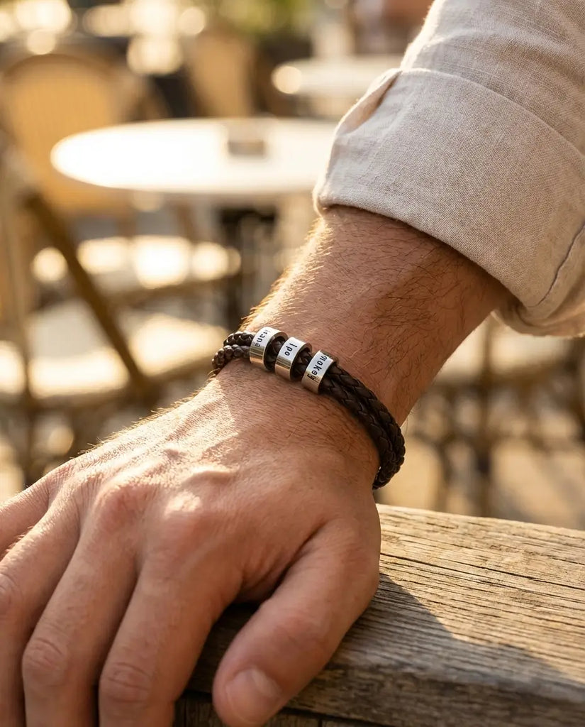 Personalised Men's Braided Leather Bracelet with Engraved Silver Beads IfShe UK