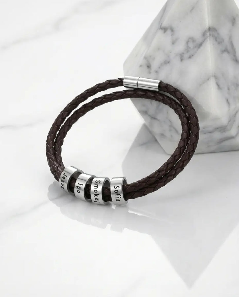 Personalised Men's Braided Leather Bracelet with Engraved Silver Beads IfShe UK