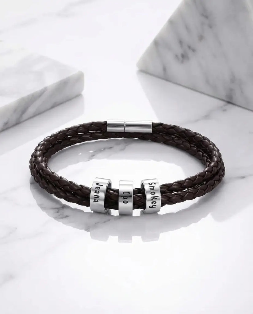 Personalised Men's Braided Leather Bracelet with Engraved Silver Beads IfShe UK