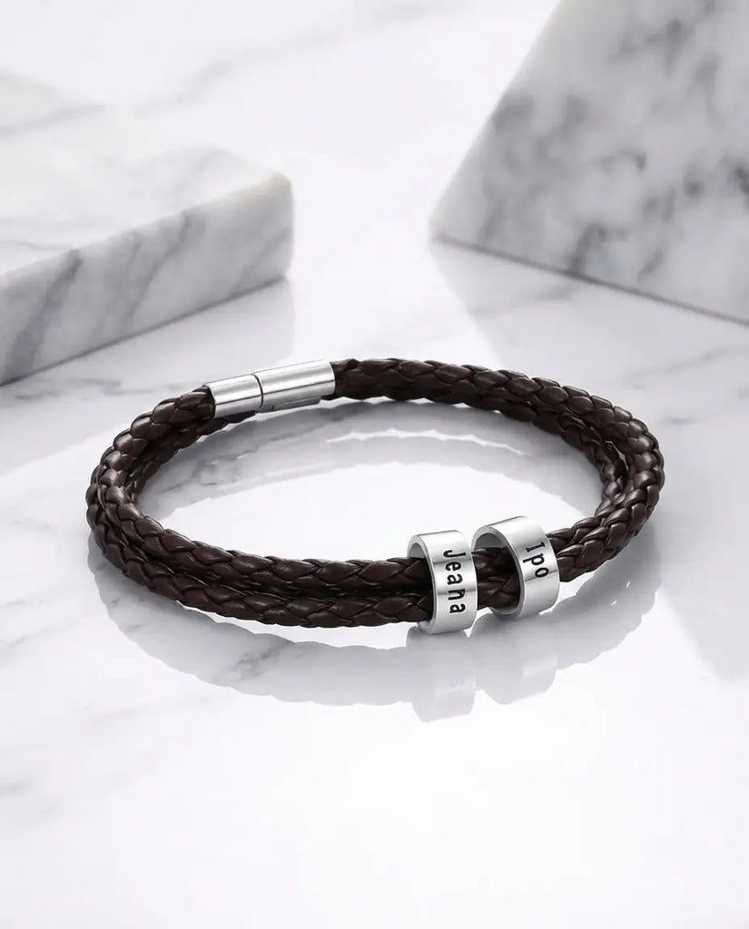 Personalised Men's Braided Leather Bracelet with Engraved Silver Beads IfShe UK