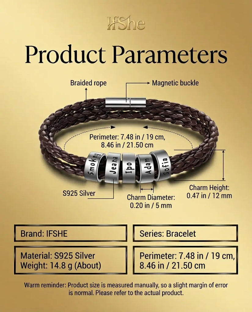 Personalised Men's Braided Leather Bracelet with Engraved Silver Beads IfShe UK