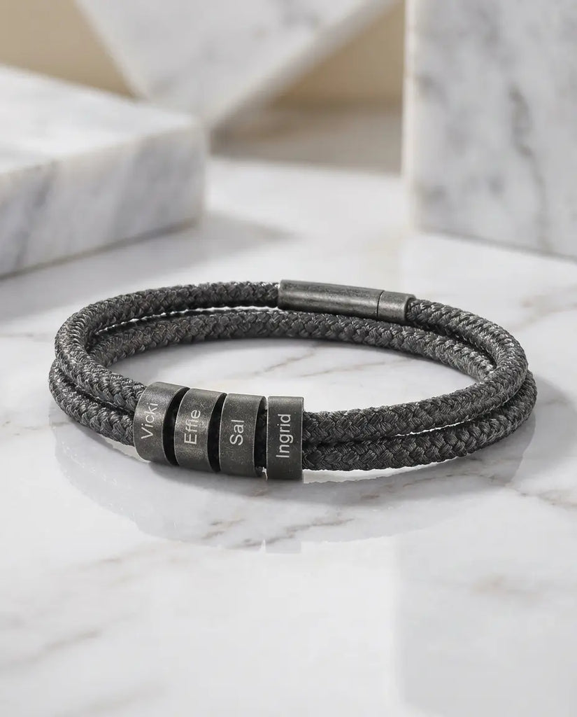 Personalised Men's Braided Rope Bracelet - Custom Engraved Name Beads IfShe UK