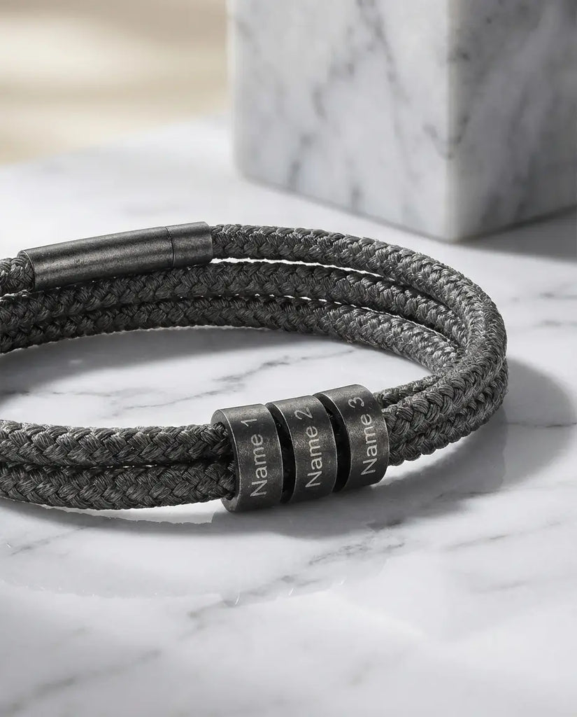 Personalised Men's Braided Rope Bracelet - Custom Engraved Name Beads IfShe UK