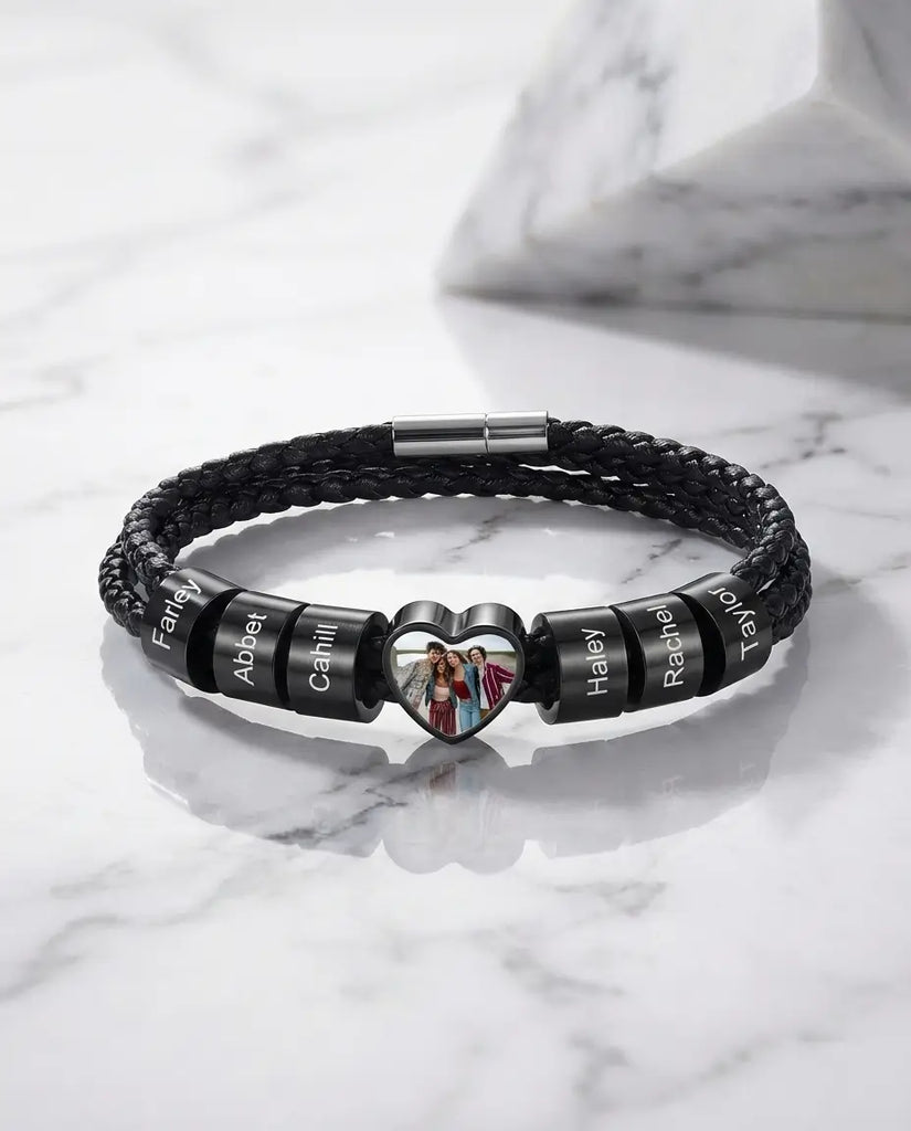 Personalised Men's Heart Photo Bracelet with Engraved Family Beads IfShe UK