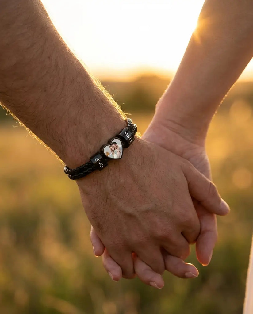 Personalised Men's Heart Photo Bracelet with Engraved Family Beads IfShe UK