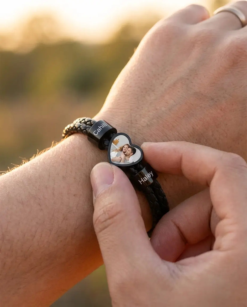 Personalised Men's Heart Photo Bracelet with Engraved Family Beads IfShe UK