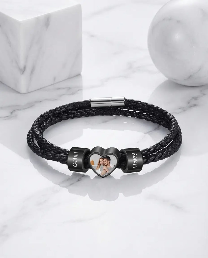 Personalised Men's Heart Photo Bracelet with Engraved Family Beads IfShe UK