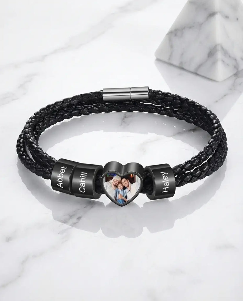 Personalised Men's Heart Photo Bracelet with Engraved Family Beads IfShe UK