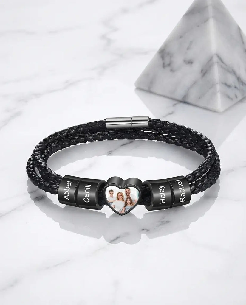 Personalised Men's Heart Photo Bracelet with Engraved Family Beads IfShe UK