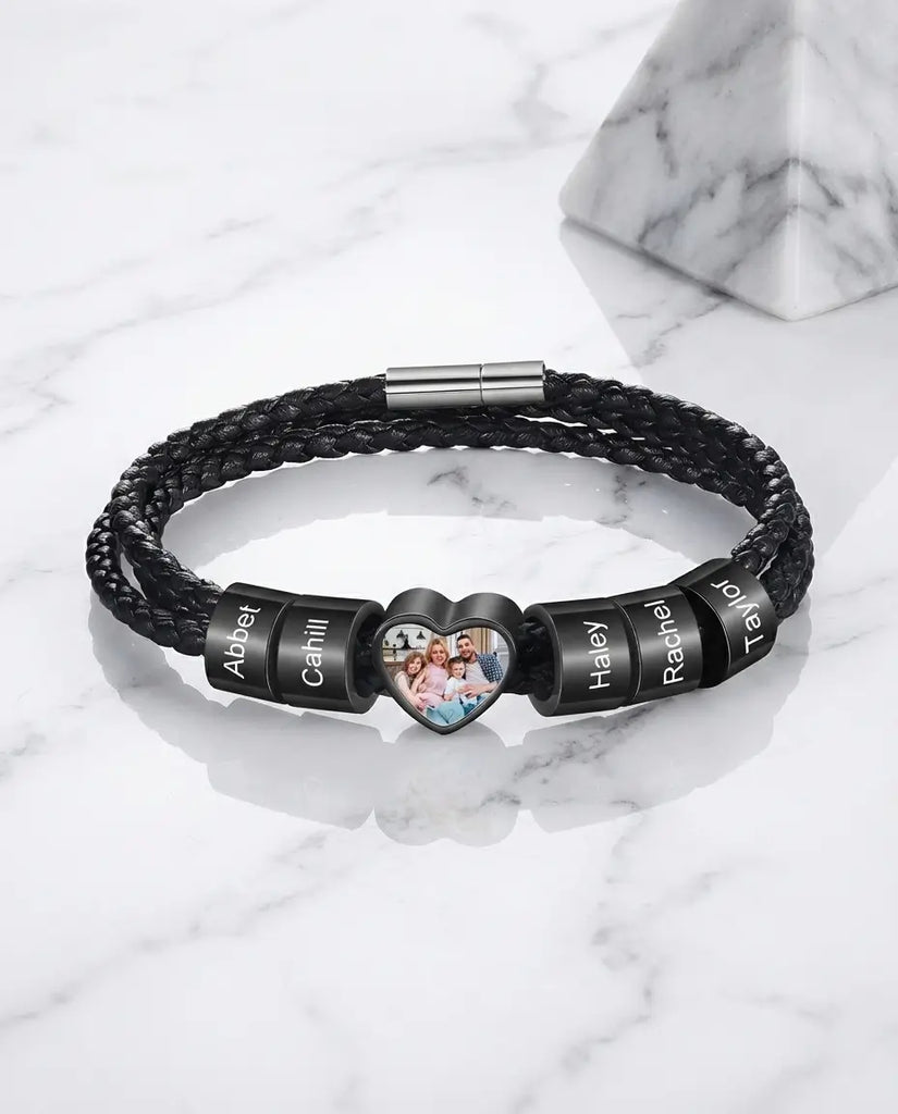 Personalised Men's Heart Photo Bracelet with Engraved Family Beads IfShe UK