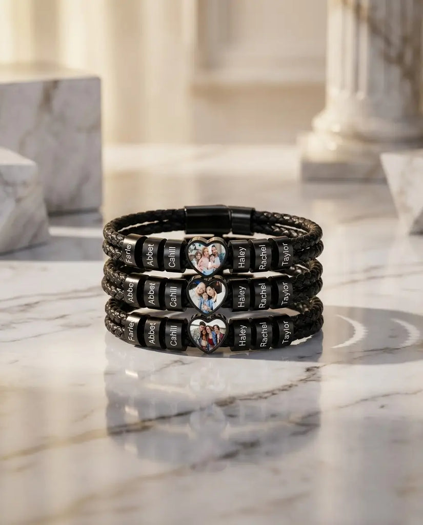 Personalised Men's Heart Photo Bracelet with Engraved Family Beads IfShe UK