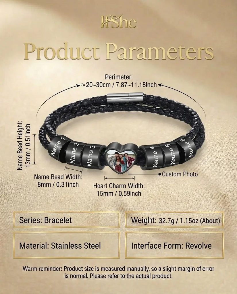Personalised Men's Heart Photo Bracelet with Engraved Family Beads IfShe UK