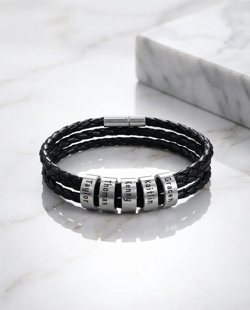 Personalised Men's Leather Bracelet with Engraved Name Beads IfShe UK