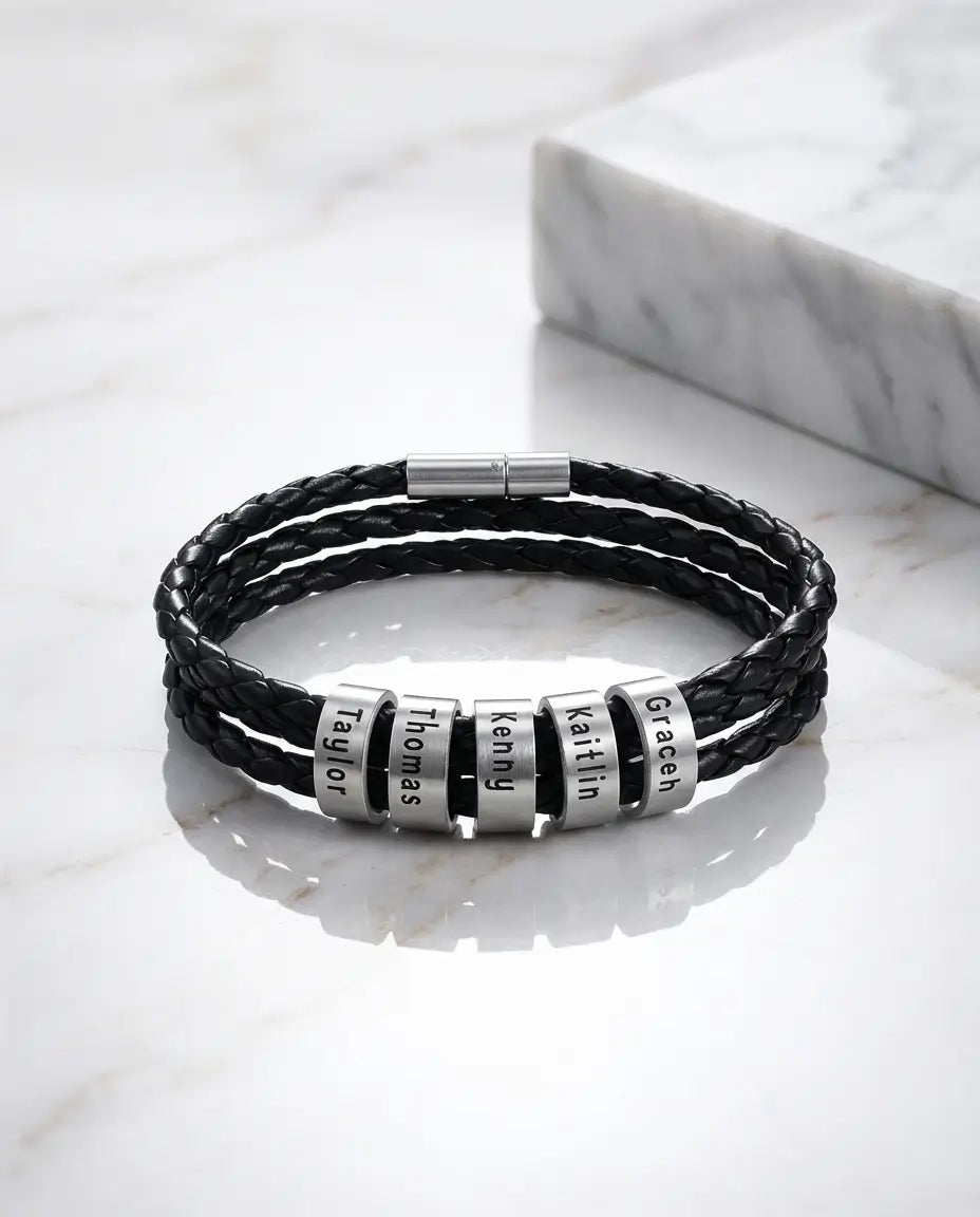 Personalised Men's Leather Bracelet with Engraved Name Beads IfShe UK