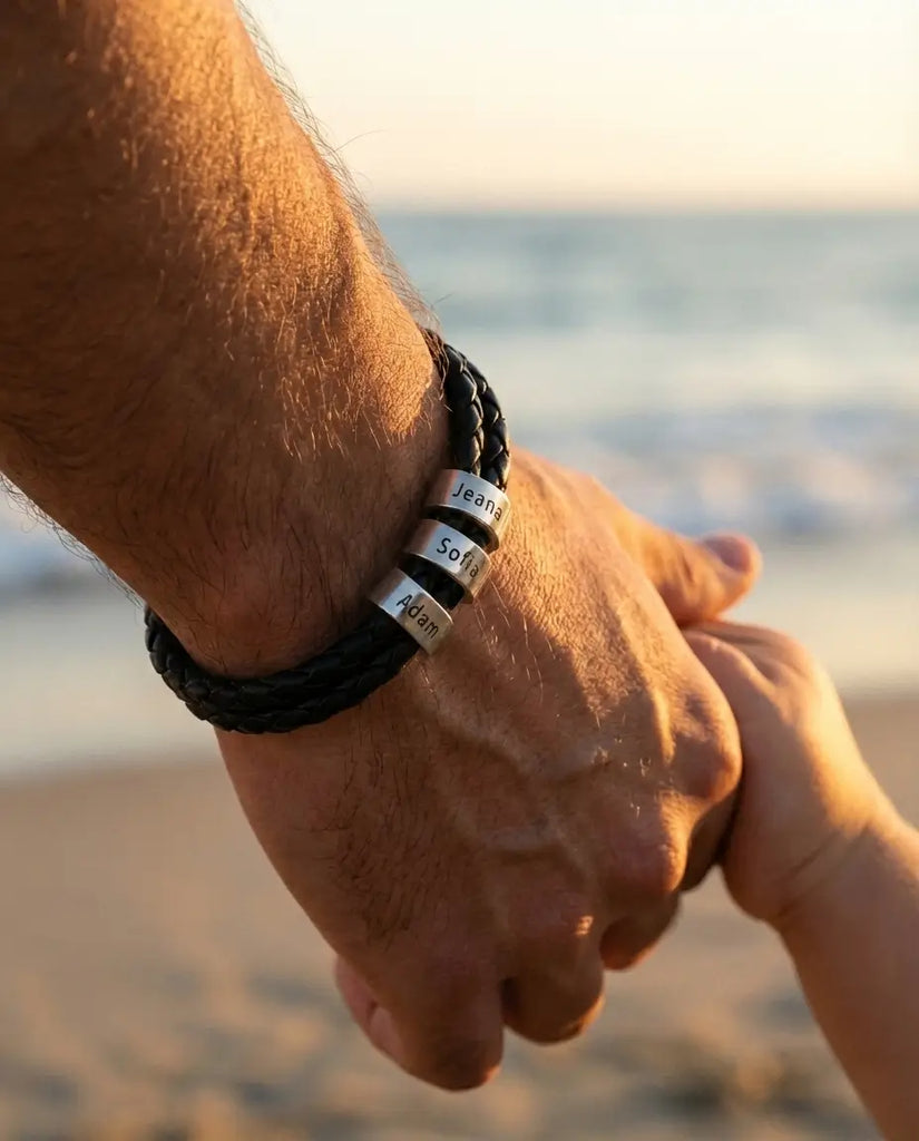 Personalised Men's Leather Bracelet with Engraved Name Beads IfShe UK