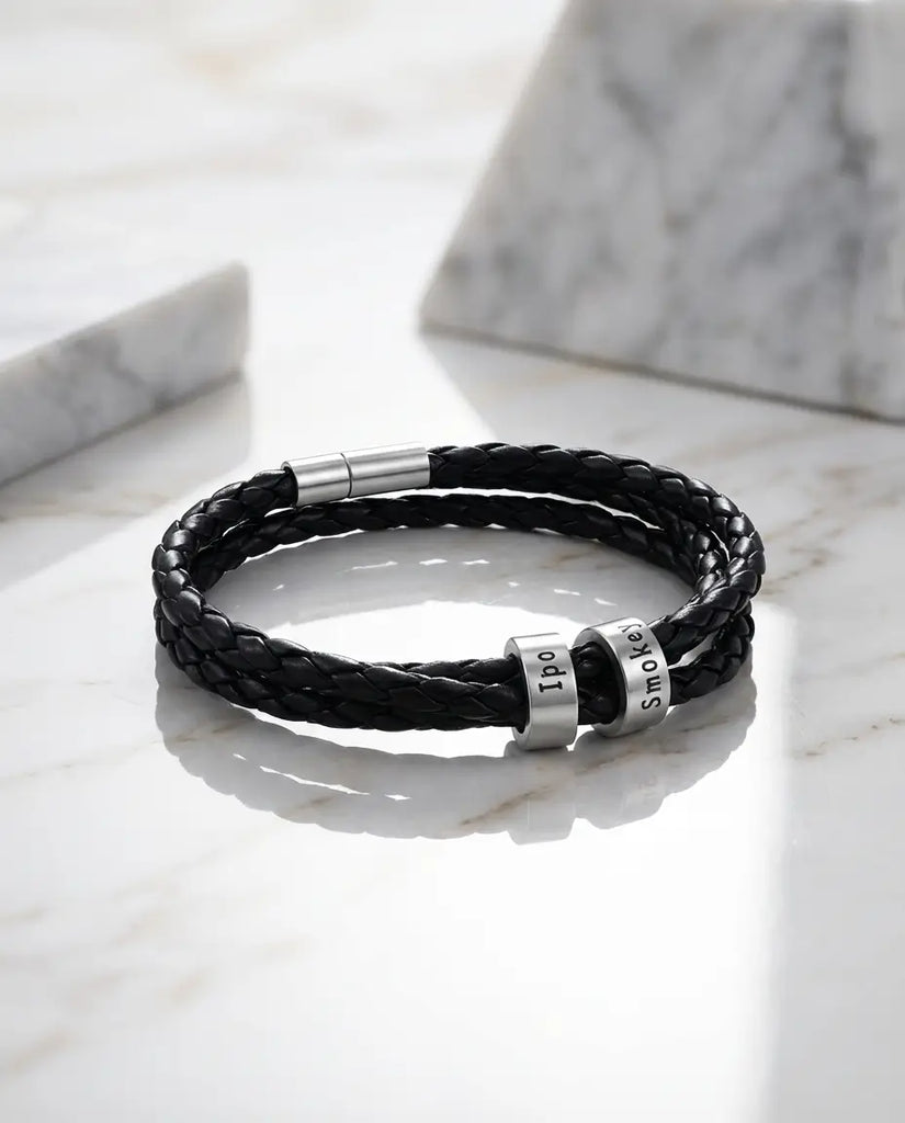 Personalised Men's Leather Bracelet with Engraved Name Beads IfShe UK