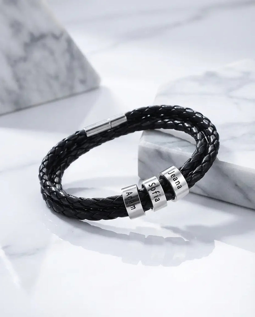 Personalised Men's Leather Bracelet with Engraved Name Beads IfShe UK