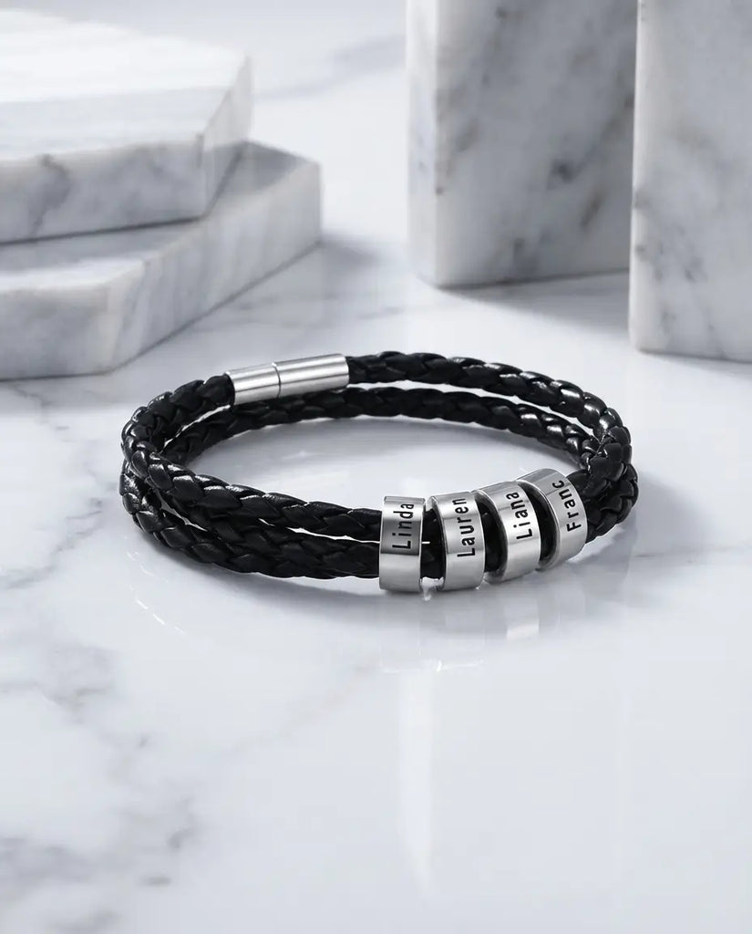 Personalised Men's Leather Bracelet with Engraved Name Beads IfShe UK