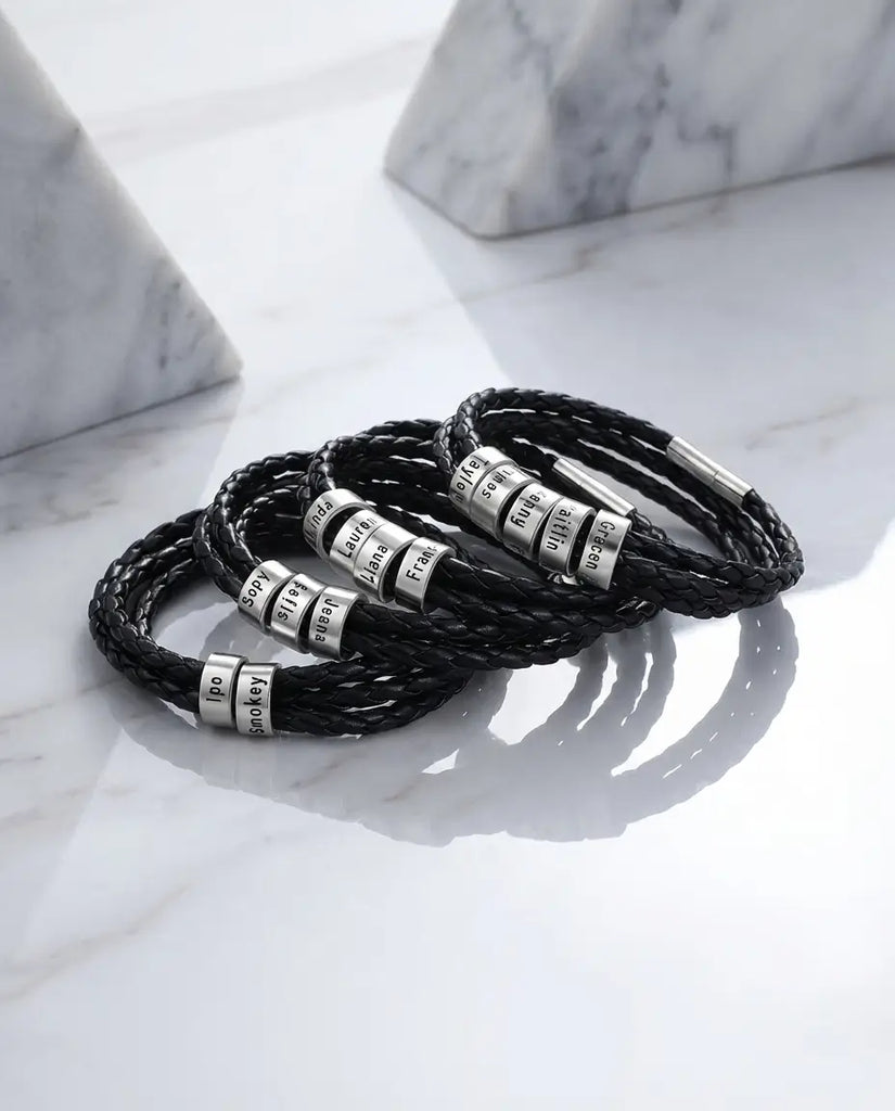 Personalised Men's Leather Bracelet with Engraved Name Beads IfShe UK