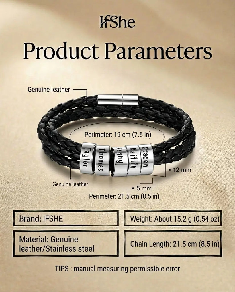 Personalised Men's Leather Bracelet with Engraved Name Beads IfShe UK
