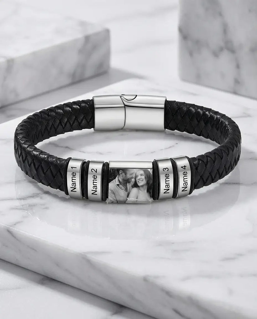 Personalised Men's Leather Bracelet with Photo Charm & Name Beads IfShe UK