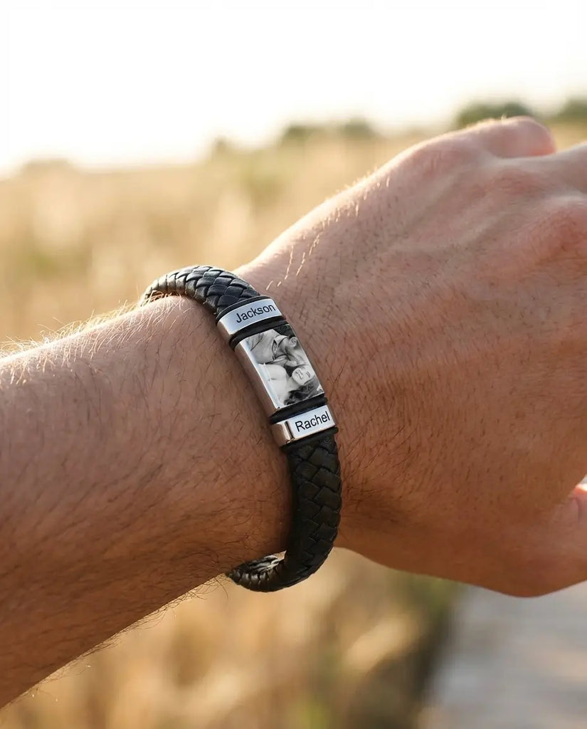 Personalised Men's Leather Bracelet with Photo Charm & Name Beads IfShe UK