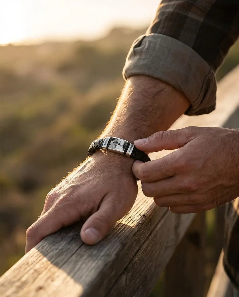 Personalised Men's Leather Bracelet with Photo Charm & Name Beads IfShe UK