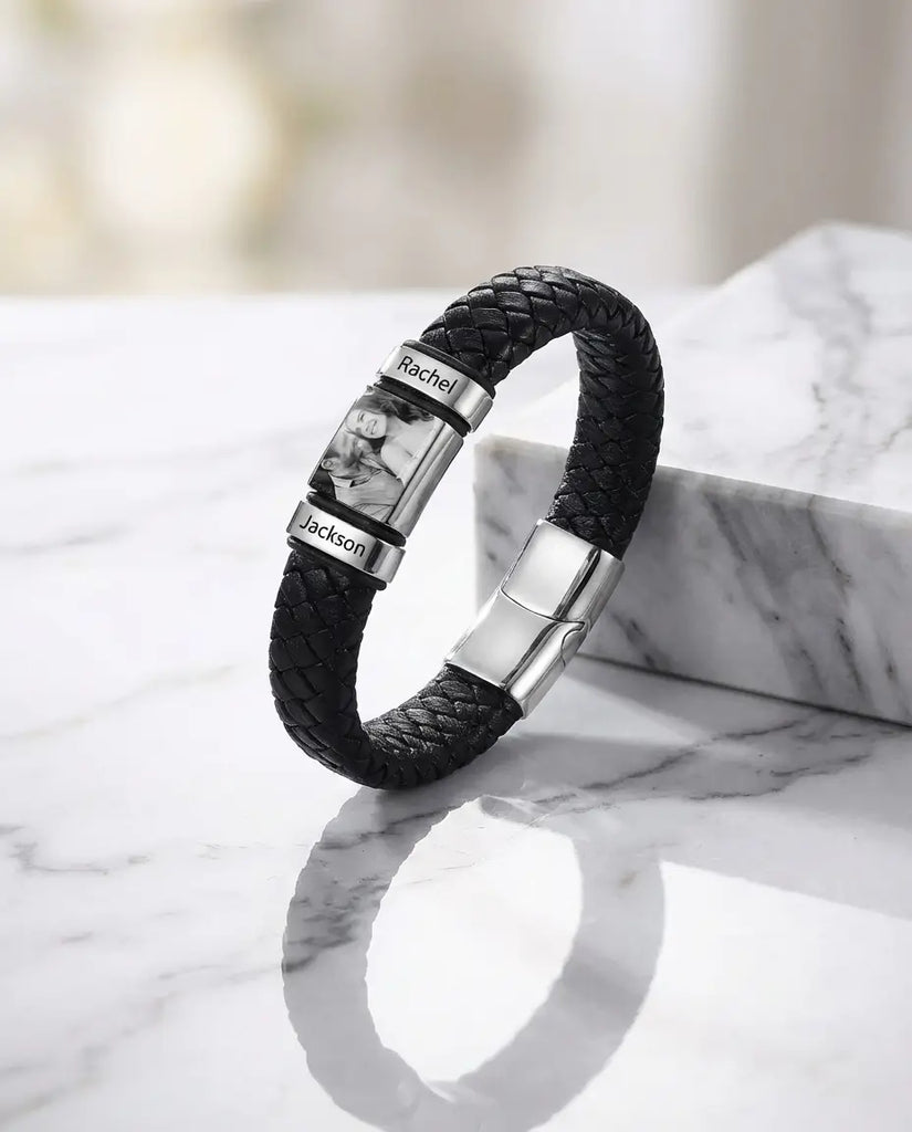 Personalised Men's Leather Bracelet with Photo Charm & Name Beads IfShe UK