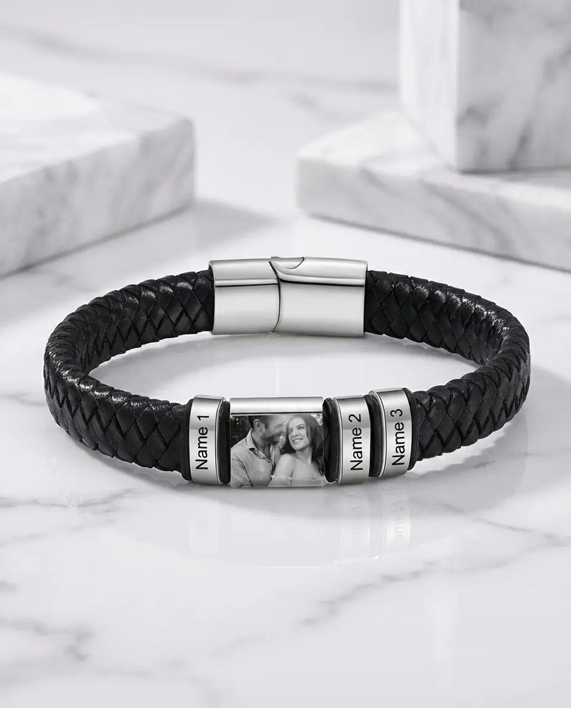 Personalised Men's Leather Bracelet with Photo Charm & Name Beads IfShe UK