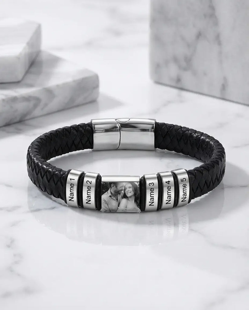 Personalised Men's Leather Bracelet with Photo Charm & Name Beads IfShe UK