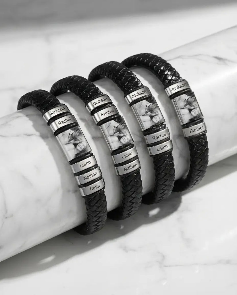 Personalised Men's Leather Bracelet with Photo Charm & Name Beads IfShe UK