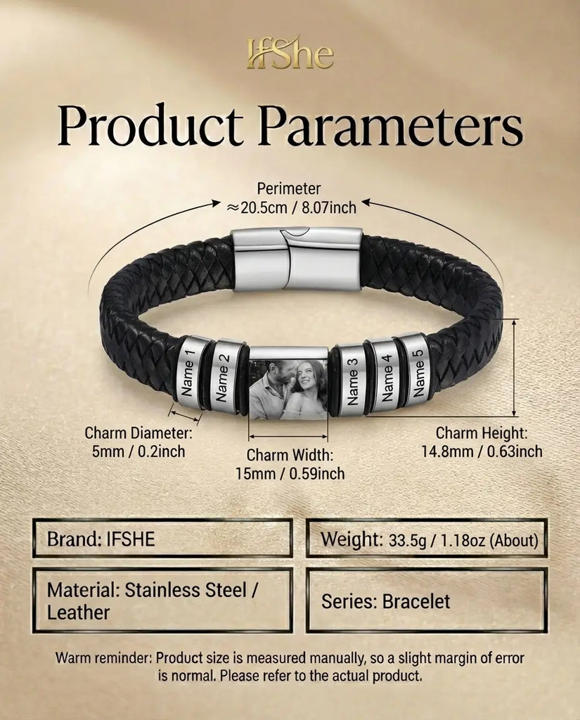 Personalised Men's Leather Bracelet with Photo Charm & Name Beads IfShe UK