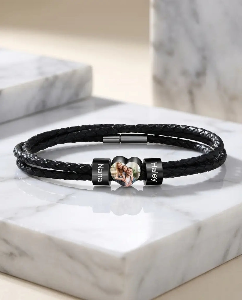 Personalised Men's Leather Bracelet with Photo Heart & 2 Engraved Beads IfShe UK